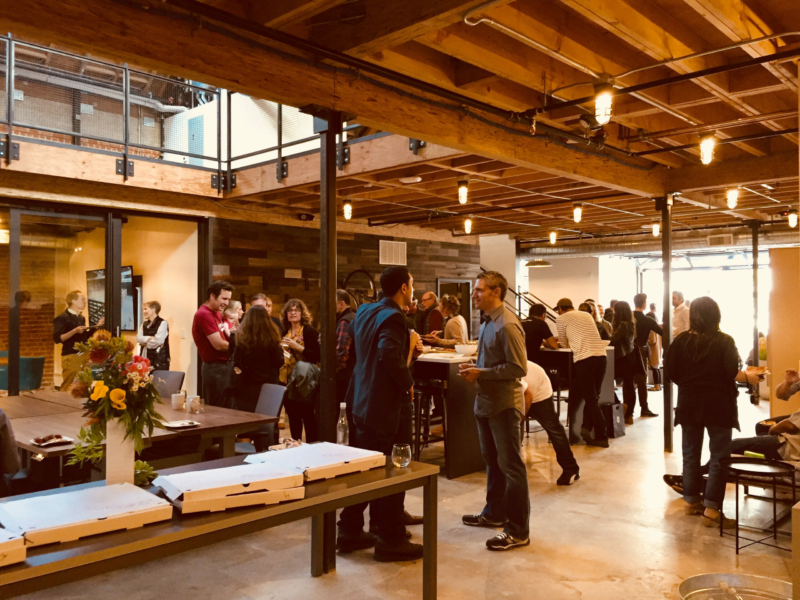 Community gathering in main all. Our event space is highly configurable for celebrations, baby showers, school auctions, receptions, company off-sites and workshops, and for creating community.