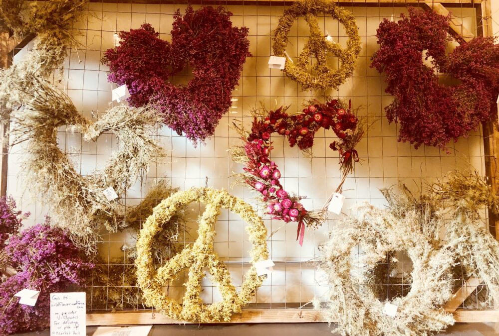 Valentine wreaths showcased at our holiday retail pop-up.